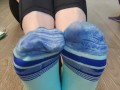 Smell my stinky sweaty colorful socked feet while I spread & wiggle my long toes and tease you