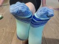 Smell my stinky sweaty colorful socked feet while I spread & wiggle my long toes and tease you