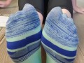 Smell my stinky sweaty colorful socked feet while I spread & wiggle my long toes and tease you