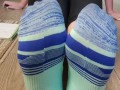 Smell my stinky sweaty colorful socked feet while I spread & wiggle my long toes and tease you