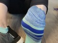 Smell my stinky sweaty colorful socked feet while I spread & wiggle my long toes and tease you