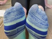 Smell my stinky sweaty colorful socked feet while I spread & wiggle my long toes and tease you