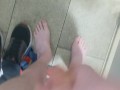 Walking with cock out in public, masturbating in busy public bathroom, first time showing body