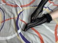 Caressing long legs of girl in black lace socks
