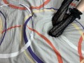 Caressing long legs of girl in black lace socks