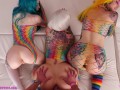 Dreamed of a blowjob from three beauties in colorful nets? Purple Bitch, Nerwen and Lesya Moon