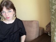 Attractive brunette in a t-shirt shows off her lush tits