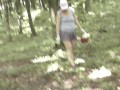 Sexy cute Milf without panties under skirt picks mushrooms in forest. Outdoor Outside In public Solo