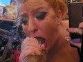Redhead trains and tries to deepthroat on mirror with huge toy cock