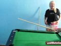 A big tits lesbian couple playing billiard and using the stick in a new way