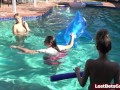 Derek is getting his cock sucked by all four wet girls in the pool