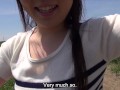 Super pale and super outgoing Japanese freshly married wife goes riding on a bicycle under a blue sky to have outside sex