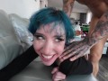 Slutty blue-haired stepsis gets her tight pussy fucked hard and a cock shoved deep in her throat