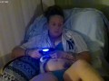 Pretty busty girl in her unbutton base ball jersey showing off bra and panties, feet and cleavage