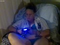 Pretty busty girl in her unbutton base ball jersey showing off bra and panties, feet and cleavage