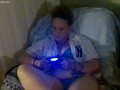 Pretty busty girl in her unbutton base ball jersey showing off bra and panties, feet and cleavage