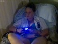 Pretty busty girl in her unbutton base ball jersey showing off bra and panties, feet and cleavage