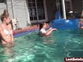 Swimming pool fun between four sexy girls and a lucky dude