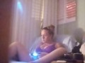 Nasty roommate masturbating to pretty busty girl in bra and panties while she is playing video games