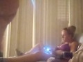 Nasty roommate masturbating to pretty busty girl in bra and panties while she is playing video games