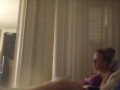 Nasty roommate masturbating to pretty busty girl in bra and panties while she is playing video games