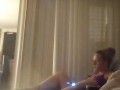 Nasty roommate masturbating to pretty busty girl in bra and panties while she is playing video games