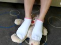 Teddy bear gets trampled by mad Megan! (femdom, foot domination, long toes, bare feet, sexy soles)