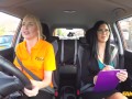 Fake Driving School - briish blonde babe with blue eyes licking vagina in a car