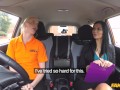 Fake Driving School - briish blonde babe with blue eyes licking vagina in a car