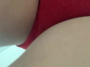 Taking off panties showing heart shaped anal plug while  rubbing