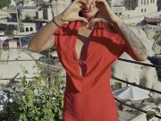 Gorgeous Monika Fox In Red Suit In Mountains