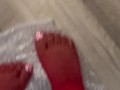 Red stockings and  fresh toes ASMR stepping on bubble wrap