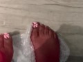 Red stockings and  fresh toes ASMR stepping on bubble wrap