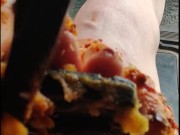 Pedal pumping your Dinner & dessert  - spaghetti and lemon cake. Under my big arched soles