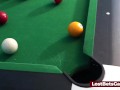 A blonde and a brunette playing a strip billiard sex game