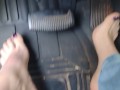 Pedal pumping barefoot with jeans on in my big truck using my big size 11 feet and my long toes