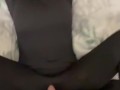 skinny girl in zentai gets cumshot on her belly