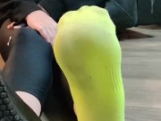 Waitress after work smelly shoes and sweaty sock removal