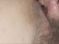 Pov closeup of giant clit being caress on the head by my husband's balls.