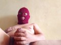 Fat Asian guy in red mask jerking off to cumshot