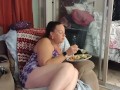 Filming up pale long hair brunette girl's mini dress while she eats dinner, smokes and plays games