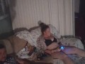 Chubby tattoo guy jerking off to girlfriend playing video games in her bra and panties