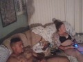 Chubby tattoo guy jerking off to girlfriend playing video games in her bra and panties