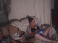 Chubby tattoo guy jerking off to girlfriend playing video games in her bra and panties