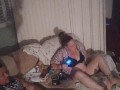 Chubby tattoo guy jerking off to girlfriend playing video games in her bra and panties