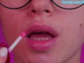 Close blowjob with lip gloss with juicy cum on  tongue