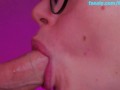 Close blowjob with lip gloss with juicy cum on  tongue
