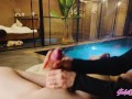 Close up handjob, deepthroat finished by the pool - SoleilDorado
