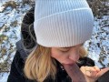 Russian blonde gave a blowjob in the forest and left, showing her ass! I'm glad about this!