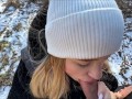 Russian blonde gave a blowjob in the forest and left, showing her ass! I'm glad about this!